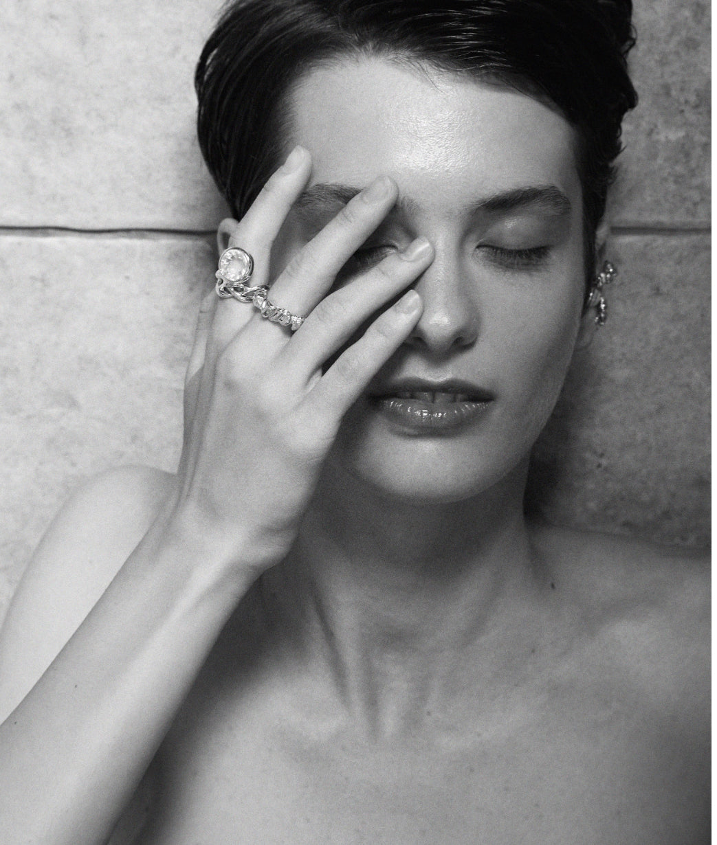 Simonett — Isabella Etou, Modern Braided Round White Quartz Crush Ring