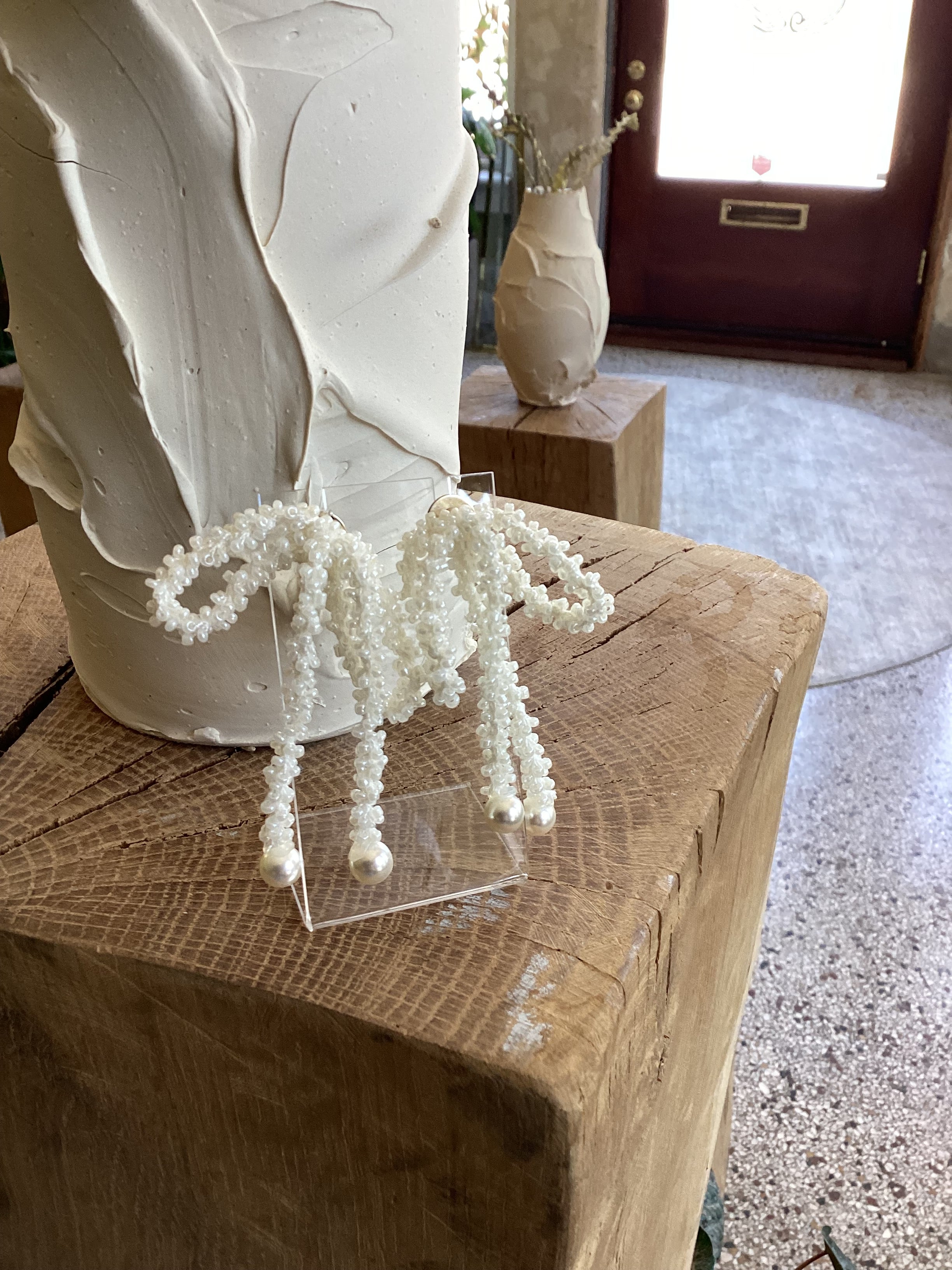 Simonett — Beaded Bow & Pearl Earrings, White